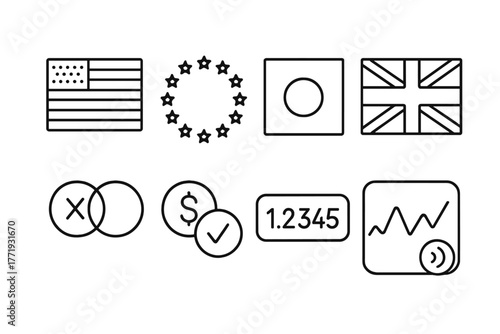 Forex Trading Icons. Line style icons of forex trading: major currency flags, cross currency pair, exotic currency pair, quote