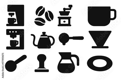 Coffee Essentials Icons. Solid style icons of coffee basics: coffee maker, beans, grinder, mug, espresso machine, kettle,