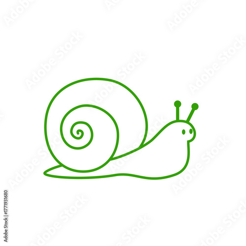 Minimalist green snail vector icon, stylized spiral shell and contour, friendly cartoon design on transparent background for nature and garden themes