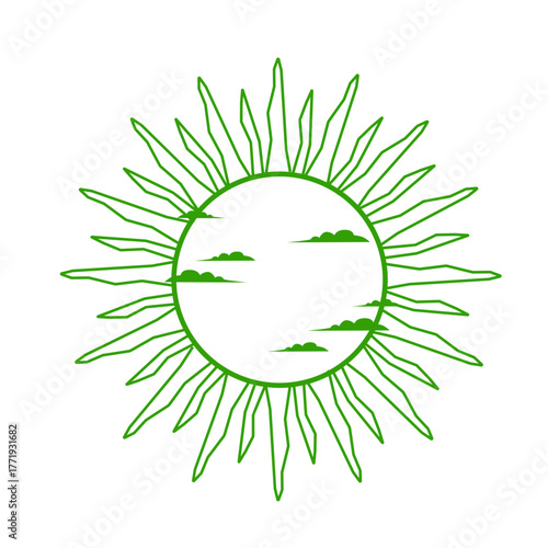 Minimalist green sun vector icon with abstract rays and clouds, modern eco-friendly design outlined on transparent background for nature themes