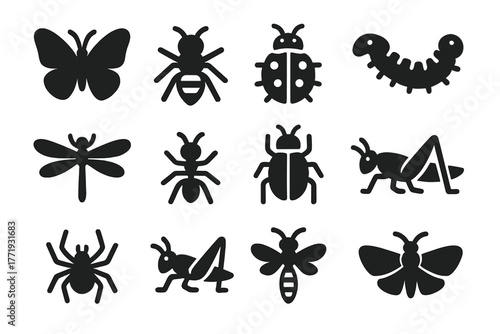 Garden Insect Icons. Solid style icons of garden insects: butterfly, bee, ladybug, caterpillar, dragonfly, ant, beetle,