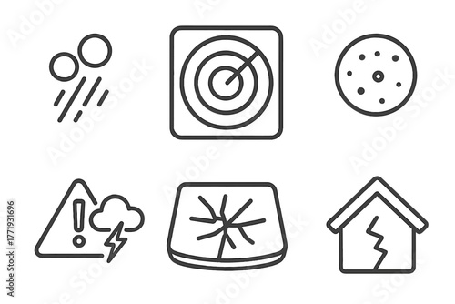 Meteorology Line Icons. Line style icons of meteorology: hailstone icon, hailstorm radar, ice pellet, severe weather alert,