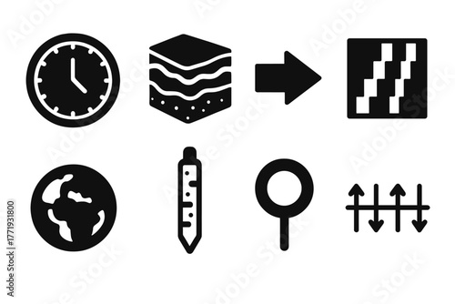Geophysical Time Icons. Solid style icons of geophysical time scales: Geological Clock, Layered Sediment Cross-Section, Time Arrow