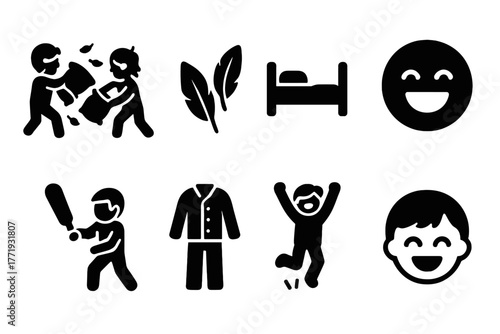 Pillow Fight Fun. Solid style icons of Indoor Fun Activities: Pillow Fighting, Feathers, Bed, Laughter, Soft Combat, Pajamas, Jump