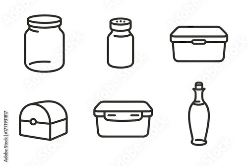 Storage Container Icons. Line style icons of storage containers: glass jar, spice jar, lunch box, bread box, airtight container,