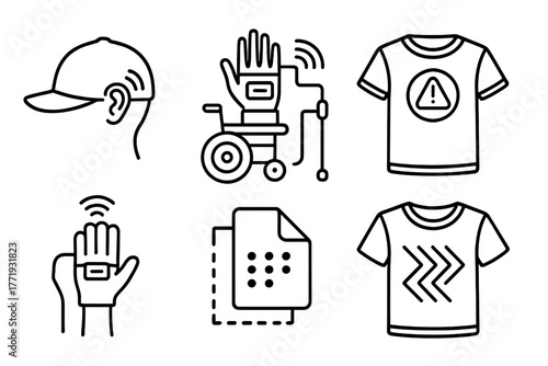 Accessibility Smart Textiles Icons. Line style icons of Accessibility Smart Textiles: hearing aid connected cap, wheelchair
