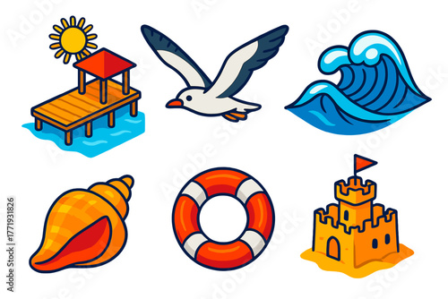 Coastal Life Icons. Isometric vector illustration set Coastal Life: sunny pier, seagull in flight, tidal waves, conch shell, life