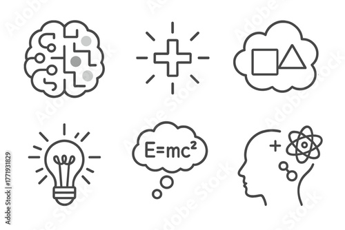 Conceptual Synesthesia Symbols. Line style icons of Conceptual Synesthesia: logic puzzle with colors, math symbol aura, theory