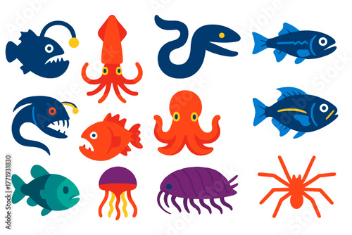 Deep Sea Icons. Flat vector icons of deep sea creatures: anglerfish with glowing lure, giant squid, gulper eel, lanternfish,