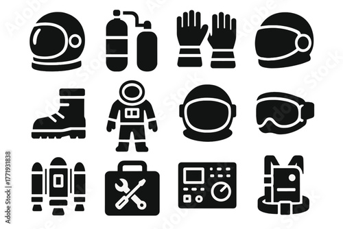 Astronaut Gear Icons. Solid style icons of astronaut gear: space helmet, oxygen tank, gloves, boots, space suit, visor, jetpack,