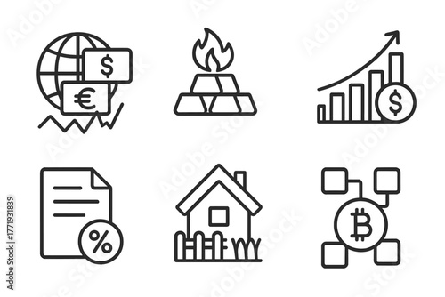 Hedge Fund Icons. Line style icons of hedge funds: forex hedge fund, commodity hedge fund, equity hedge fund, credit hedge fund,