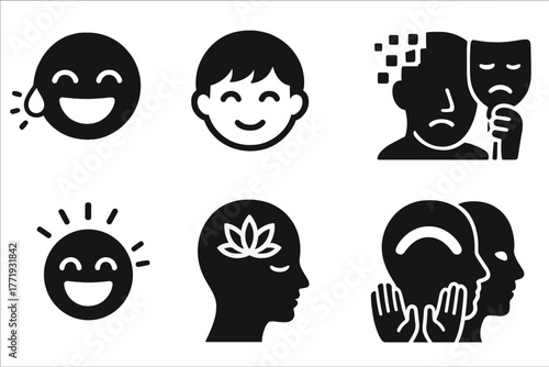 Emotional State Icons. Solid style icons of emotional and mental states: Joy Tear, Inner Child, Ego Dissolution, Fear Mask, Laugh