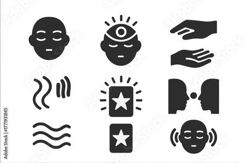 Intuitive Tarot Icons. Solid style icons of intuitive tarot practice: Closed Eyes, Third Eye Glow, Hand Hovering, Open Palm,
