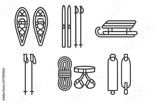 Ice Travel Icons. Line style icons of Ice Travel Equipment: snowshoes, cross-country skis, sled, trekking poles, rope harness, ski