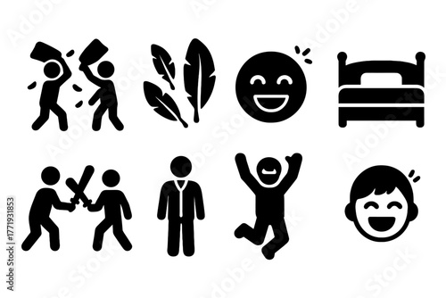 Pillow Fight Fun. Solid style icons of Indoor Fun Activities: Pillow Fighting, Feathers, Bed, Laughter, Soft Combat, Pajamas, Jump