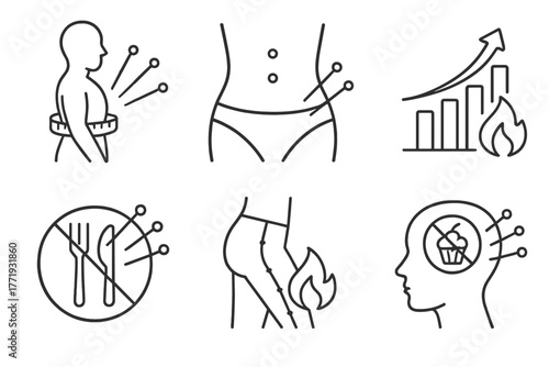 Acupuncture Icon Collection. Line style icons of acupuncture: weight loss support, belly with energy points, metabolism boost