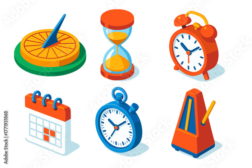 Vibrant Timekeeping Icons. Isometric vector illustration set Timekeeping Collection: garden sundial, glass hourglass with sand,