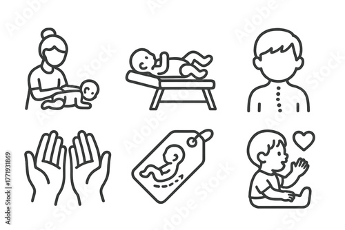 Pediatric Chiropractic Icons. Line style icons of chiropractic care: pediatric chiropractic, baby on adjustment table, gentle