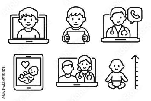 Telemedicine Icons Set. Line style icons of telemedicine: pediatric telehealth, child with tablet icon, online pediatrician call,