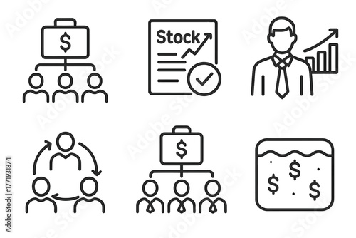 Private Equity Icons. Line style icons of private equity: management incentive plan, stock options icon, executive compensation