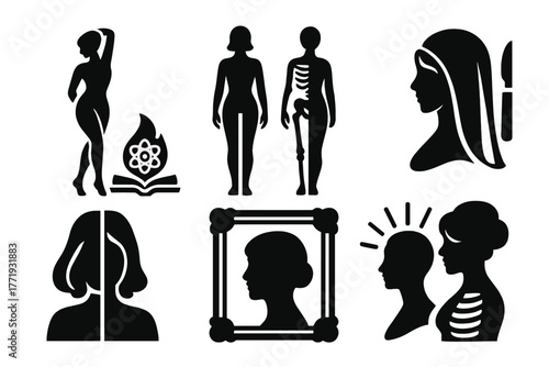 Beauty and Science Icons. Solid style icons of beauty and science fusion: Elegant Pose Symbol, Split Body Icon, Knowledge Flame,