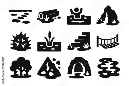Jungle Obstacle Icons. Solid style icons of jungle obstacles: river crossing, fallen log, quicksand, steep cliff, thorn bush,