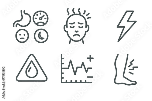 Ketogenic Diet Icons. Line style icons of ketogenic diet: common side effects, keto flu head icon, fatigue bolt symbol,