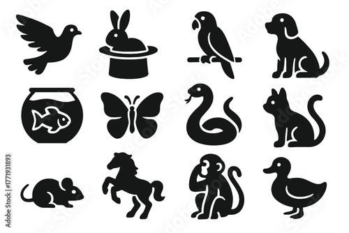 Animal Trick Icons. Solid style icons of animal tricks: dove, rabbit, parrot, dog, goldfish bowl, butterfly, snake, cat, mouse,