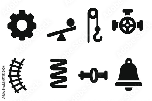 Mechanical Model Icons. Solid style icons of common model types: Spinning Gear, Lever System, Pulley Rig, Valve Mechanism, Track