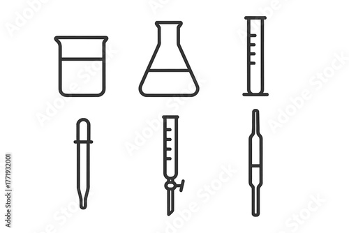Laboratory Glassware Icons. Line style icons of laboratory glassware: beaker, flask, test tube, graduated cylinder, pipette,