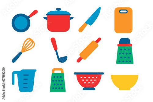 Modern Kitchen Utensil Icons. Flat vector icons of kitchen utensils: frying pan, cooking pot, knife, cutting board, whisk, ladle,