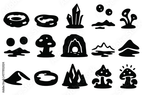 Alien World Icons. Solid style icons of alien worlds: crater, lava pool, crystal spire, alien plant, two suns, strange rock,