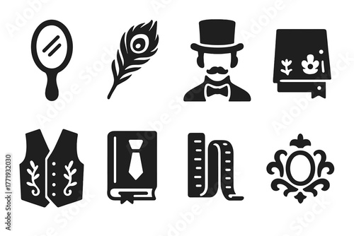 Vintage Dandy Symbols. Solid style icons of vintage dandy symbols: Mirror Reflection, Peacock Feather, Style Icon, Embroidered