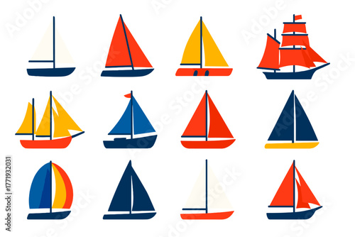 Vibrant Sailboat Icons. Flat vector icons of sailboats: dinghy sailboat, racing yacht, catamaran, tall ship, schooner, fishing