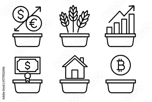 Hedge Fund Icons. Line style icons of hedge funds: forex hedge fund, commodity hedge fund, equity hedge fund, credit hedge fund,