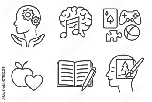 Mental Health Icons. Line style icons of mental health: coping mechanisms, music with brain icon, distraction tool set, healthy