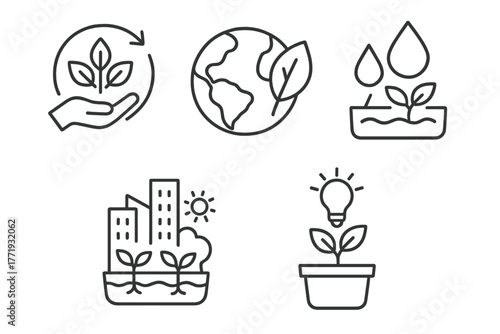 Hydroponics Benefits Icons. Line style icons of hydroponics: sustainability benefits, planet with leaf icon, reduced water usage,