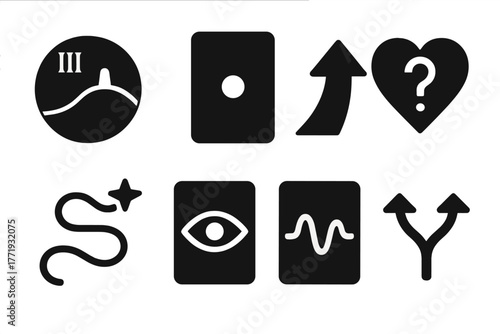Tarot Icon Set. Solid style icons of tarot divination themes: Past Symbol, Present Marker, Future Arrow, Question Heart, Soul Path