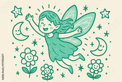 Smaragdine Fairy Delight. A doodle illustration of a smaragdine-colored fairy with glowing wings, flying joyfully among smiling