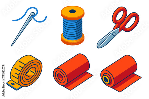 Tailor Workshop Tools. Isometric vector illustration set Tailor Workshop: silver needle, blue thread, spool of yarn, dressmaker