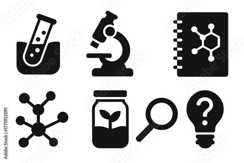 Scientific Discovery Icons. Solid style icons of scientific discovery tools: Test Tube in Liquid, Microscope Icon, Flask Over Fire