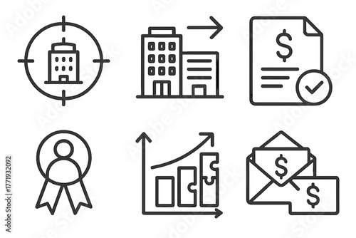 Mergers & Acquisitions Icons. Line style icons of mergers & acquisitions: target company icon, acquirer company icon, valuation