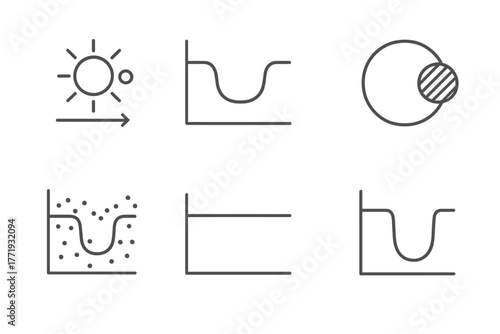 Exoplanet Iconography. Line style icons of exoplanets: transit method, light curve dip, brightness drop graph, photometric data,