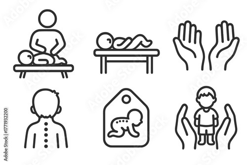 Pediatric Chiropractic Icons. Line style icons of chiropractic care: pediatric chiropractic, baby on adjustment table, gentle