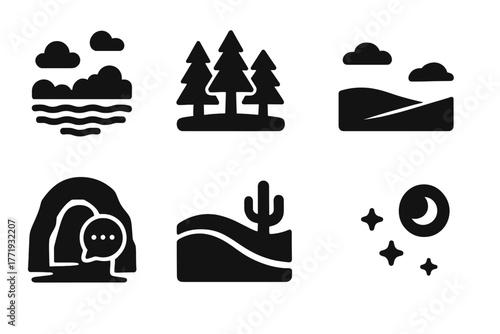 Natural Silence Icons. Solid style icons of natural silence: Still Lake Symbol, Quiet Forest Icon, Snow-Covered Field, Cave