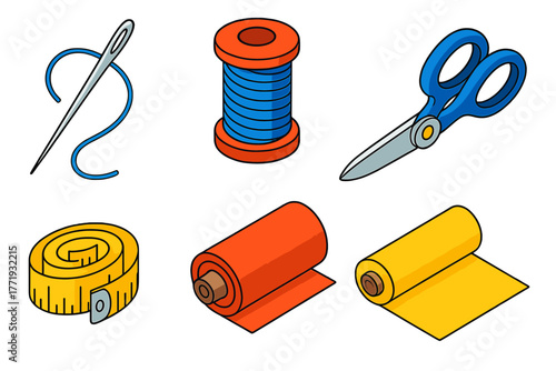 Tailor Workshop Tools. Isometric vector illustration set Tailor Workshop: silver needle, blue thread, spool of yarn, dressmaker