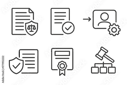 Private Equity Icons. Line style icons of private equity: regulatory filing icon, compliance report, KYC process, AML verification