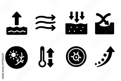 Ocean Bloom Dynamics Icons. Solid style icons of oceanic bloom dynamics: Upwelling Arrow, Current Circulation, Nutrient Surge,