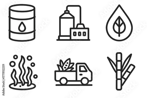 Renewable Energy Icons. Line style icons of renewable energy: biofuel barrel, ethanol plant, biodiesel icon, algae fuel source,