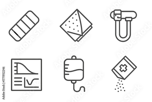 Medical Emergency Icons. Line style icons of Medical Emergency Gear: splint, emergency blanket, tourniquet, hypothermia chart, IV